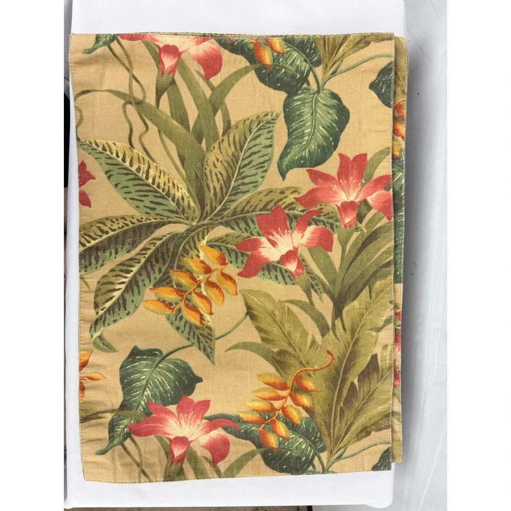 Tropical Floral Reversible Placemats Set of 2 Botanical Lily Palm Leaf Tan Green